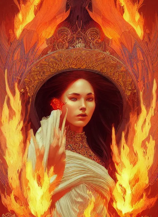 Image similar to “ goddess of fire, highly detailed, digital painting, flames, artstation, concept art, smooth, sharp focus, illustration, art by artgerm and greg rutkowski and alphonse mucha ”