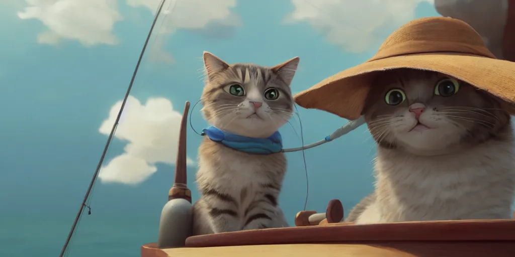 Image similar to a wholesome animation key shot of a cute cat on a fishing boat wearing a sunhat, studio ghibli, pixar and disney animation, sharp, rendered in unreal engine 5, anime key art by greg rutkowski, bloom, dramatic, dynamic lighting