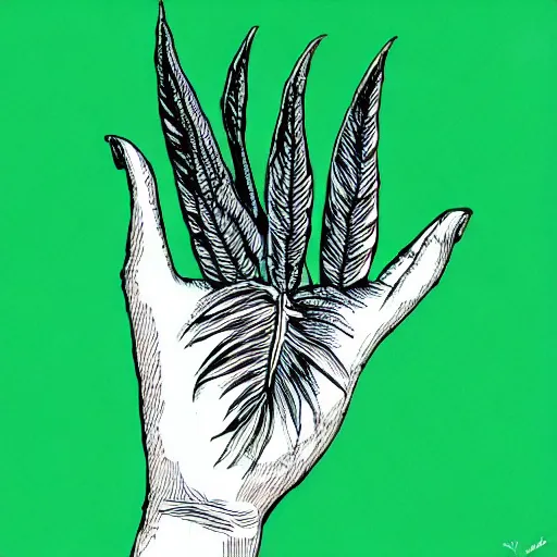 Prompt: palm of a hand with various plants growing out of it, pen and ink style