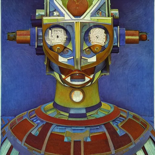 Prompt: the robot in her intricate mechanical mask, by annie swynnerton and diego rivera and kit williams and leo and diane dillon and nicholas roerich, symbolist, dramatic lighting, elaborate geometric ornament, art brut, god rays, soft cool colors, smooth, sharp focus, extremely detailed, adolf wolfli