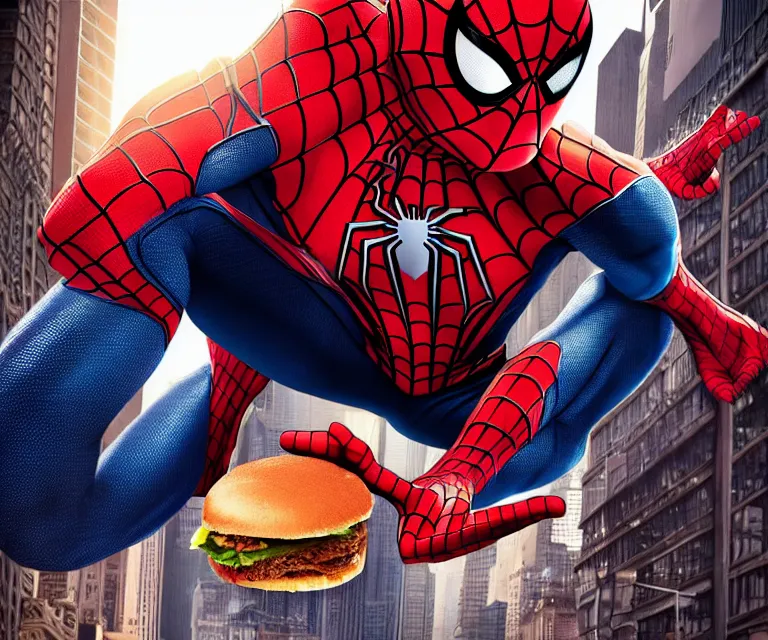 Prompt: spider - man eating a hamburger by artgerm, intricate, face, symmetrical eyes, times square cityscape, elegant, beautiful, highly detailed, dramatic lighting, sharp focus, trending on artstation, artstationhd, artstationhq, unreal engine, 4 k, 8 k