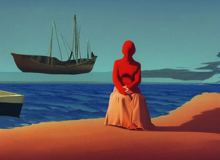 Image similar to lonely woman waiting on a shore for a boat with scarlet sail, highly detailed, science fiction, Edward Hopper and James Gilleard, Zdzislaw Beksinski highly detailed