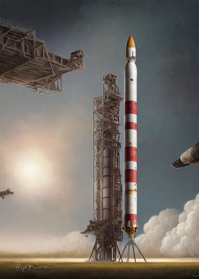 Prompt: epic professional digital art of complex heavy vertical rocket on launch pad, at takeoff, ambient light, painted,, cinematic, detailed, grand, leesha hannigan, wayne haag, reyna rochin, ignacio fernandez rios, mark ryden, van herpen, artstation, cgsociety, epic, stunning, gorgeous, wow wow detail