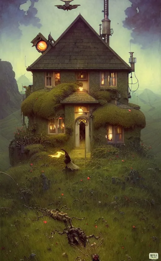 Image similar to a hyper realistic witchy cottage with solar panels on a tall hill, mountains, atmospheric lighting, lush foliage, painting by chiara bautista and tom bagshaw, mucha, beksinski and norman rockwell and greg rutkowski weta studio, and lucasfilm