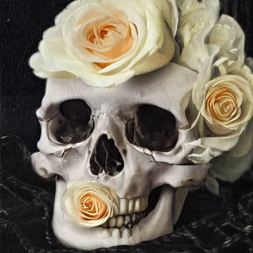 Image similar to a detailed gritty looking baroque still life oil painting of a human skull with white roses coming out of the eye sockets and and shining white diamonds sitting inside the roses, dark black rippling lace curtains behind, wide shot