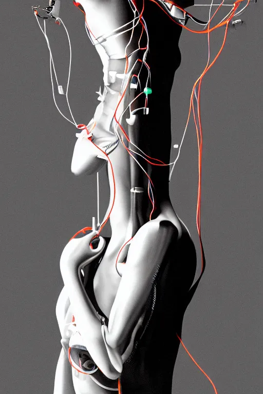 Image similar to Cyborg girl with wires and mechanisms sticking out of her body, full-length view, hyperrealism