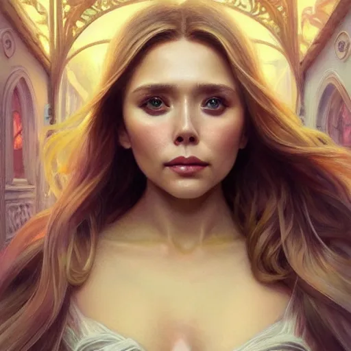 Image similar to ultra realistic illustration, a hot and beautiful painting of a blonde elizabeth olsen, intricate, elegant, highly detailed, digital painting, artstation, concept art, smooth, sharp focus, illustration, art by artgerm and greg rutkowski and alphonse mucha