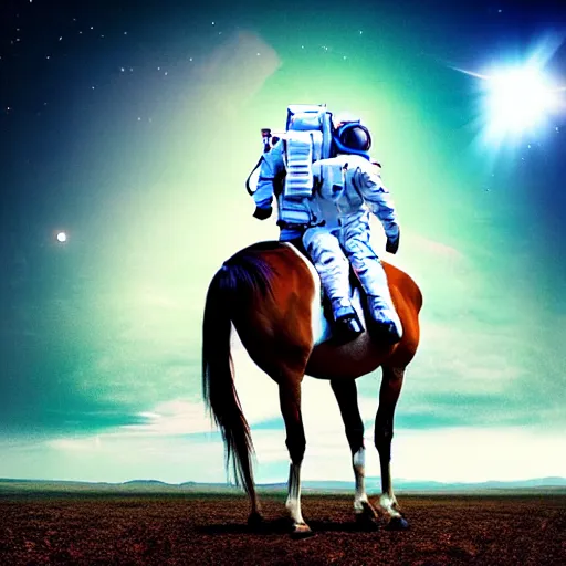 Prompt: horse is sitting on the back of human, human is wearing astronaut costume, located on unknown planet, hdr, anamorphic lens, hyper realistic, stunning scene