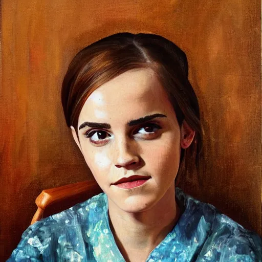 Image similar to emma watson as a very old lady sitting in a rocking chair, oil painting