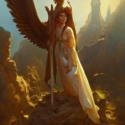 Image similar to Damat, guardian angel of travelers, olive skinned, sumerian, D&D, highly detailed, digital painting, artstation, concept art, sharp focus, illustration, cinematic lighting, art by artgerm and greg rutkowski and alphonse mucha