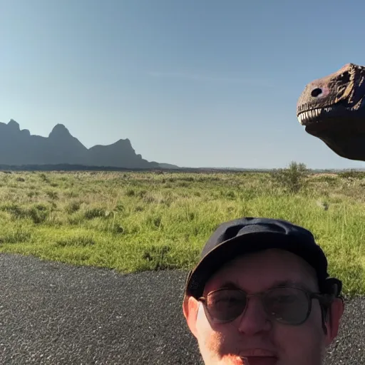 Image similar to photo of T-rex taking a selfie with asteroid in background