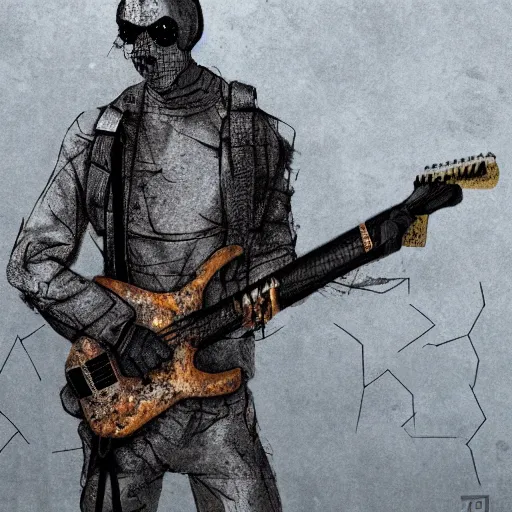 Image similar to stalker plays electric guitar, style of the game stalker, the background of the chernobyl nuclear power plant, smokes a cigar, 8 k, artstation