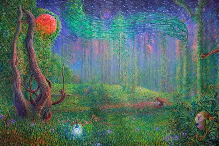 Prompt: photorealistic 🌲🌌 by pedro correa, monet, android jones, alex grey, chris dyer, and aaron brooks