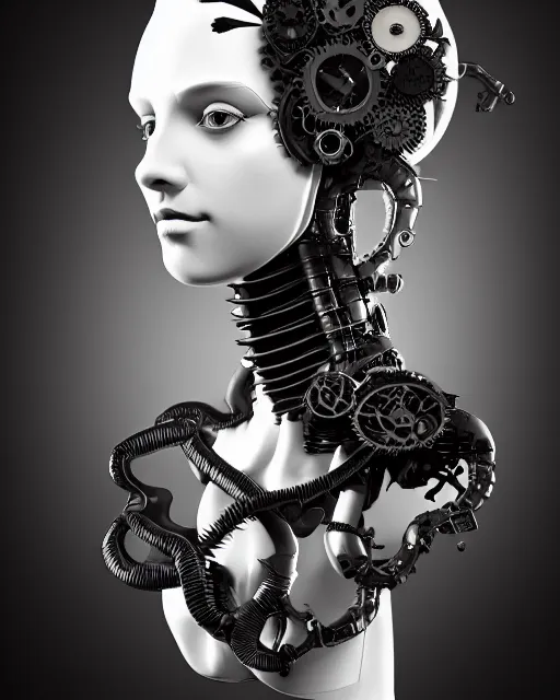 Prompt: black and white dreamy foggy profile face portrait, one steampunk eye biomechanical beautiful young female cyclope - cyborg - robot bust, body ribs meshes,, volumetric light, hibiscus flowers, by hg giger, rim light, by dora maar and cecile beaton, big gothic fashion pearl embroidered collar, 8 k