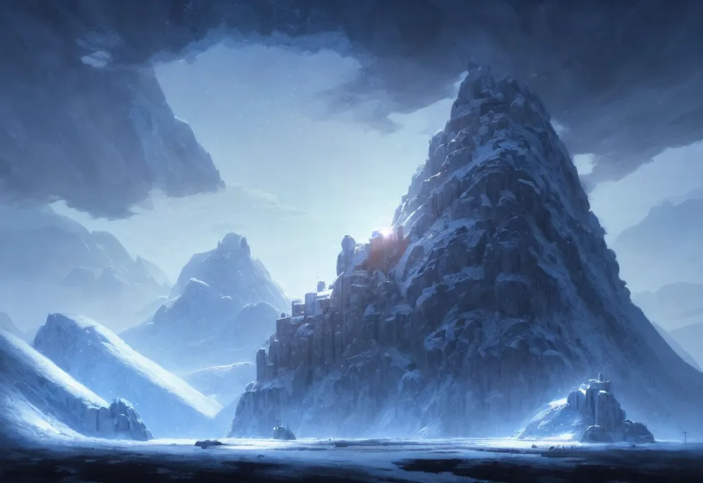 Prompt: large fortress inbetween two mountains, covered in snow, epic blue sky, cinematic view, concept art, high detail, well lit, volumetric, godrays, vivid, trending on artstation, by jordan grimmer, art greg rutkowski