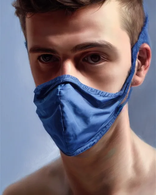 Image similar to masterpiece oil paint of a european young man covering face with fabric mask, ultrarealistic, trending on artstation, extremely detailed