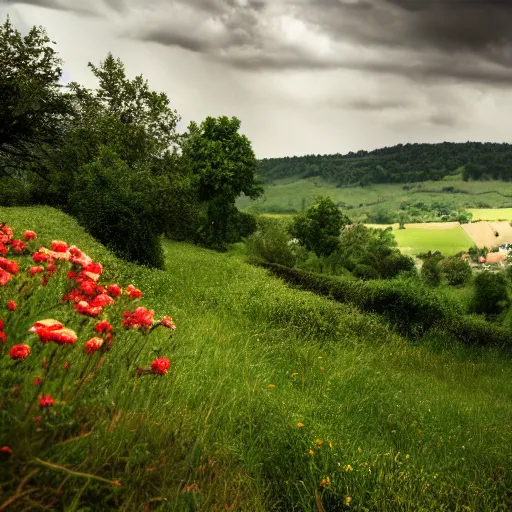 Prompt: dordogne typical landscape, hills in the background, summer, river, ultra detailed, ultra sharp, award winning. 8 k, flowers, trees, old house, thunderstorm and rain, very dark clouds. heavy rain, sunset, octane render.