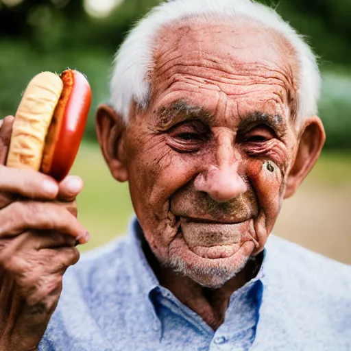 Image similar to portrait of a elderly man throwing a hotdog, 🌭, canon eos r 3, 8 0 mm f / 1. 2, iso 2 0 0, 1 / 1 6 0 s, 8 k, raw, unedited, symmetrical balance,