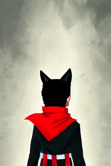 Image similar to little boy with cat ears in an black outfit with red cape. digital artwork made by lois van baarle and james jean and marc simonetti, sharpness focus, inspired by hirohiko araki, anatomically correct, heroic composition, hero pose, smooth