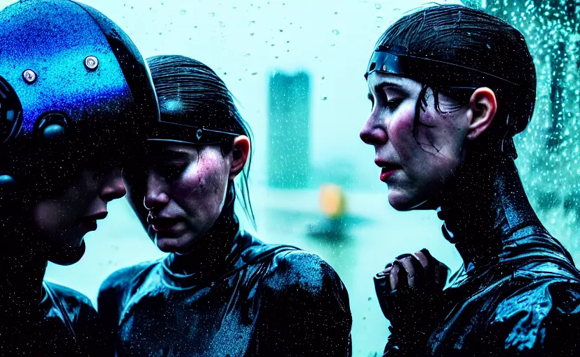 Image similar to cinestill 5 0 d candid photographic portrait by steven spielberg of two loving female androids sobbing wearing rugged black mesh techwear in treacherous waters, flooded city, medium closeup, retrofuturism cyberpunk moody emotional cinematic, pouring iridescent rain bright spotlight helicopter, 8 k, hd, high resolution, 3 5 mm, f / 3 2, ultra realistic faces, ex machina