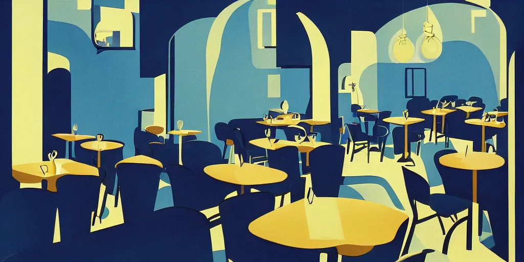 Image similar to cafe interior, blue tone, modernism, gouache, animated film, stylised, illustration, by eyvind earle, scott wills, genndy tartakovski