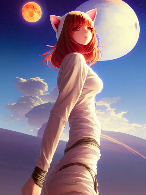 Image similar to full body picture of a cat ear girl on the mars, bored, beautiful and aesthetic, intricate, unreal engine, neat hair, highly detailed, detailed face, smooth, sharp focus, chiaroscuro, manga illustration, artgerm, greg rutkowski, ilya kuvshinov, rossdraws, alphonse mucha, young adult light novel cover art