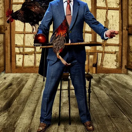 Image similar to saul goodman and a rooster in a medieval torture chamber, saw blades and knives in the background, horror movie, saul goodman, rooster, real life photo, detailed face