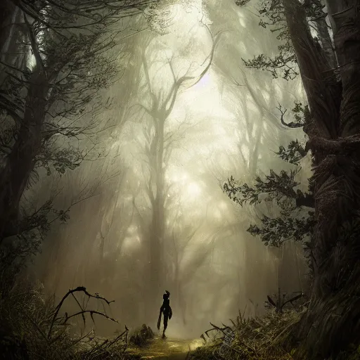 Image similar to half human half raven full body wizard walking in old forest, unreal engine, digital, artstation, detailed body, heavenly atmosphere, digital art, overdetailed art, trending on artstation, cgstudio, the most beautiful image ever created, dramatic, award winning artwork, beautiful scenery