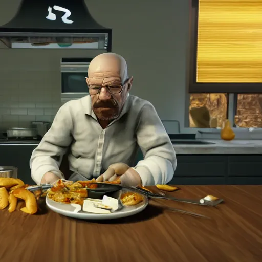 Prompt: Walter white eating chicken in a kitchen, award winning, trending on artstation, unreal engine