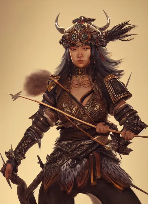 Image similar to a highly detailed illustration of fierce mongol warrior woman with bow, heroic shooting bow pose, perfect hyperdetailed face, intricate, elegant, highly detailed, centered, digital painting, artstation, concept art, smooth, sharp focus, league of legends concept art, wlop.