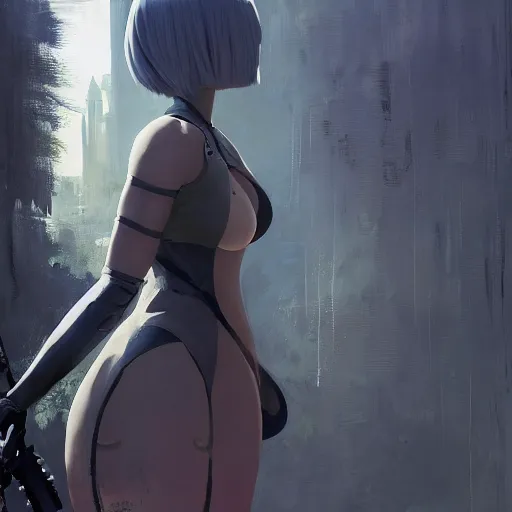 Prompt: highly detailed painting of 2 b nier automata, stephen bliss, 8 k, unreal engine, by greg rutkowski, loish, rhads, artgerm, ferdinand knab, makoto shinkai and lois van baarle, ilya kuvshinov, rossdraws, tom bagshaw, global illumination, radiant light, detailed and intricate environment