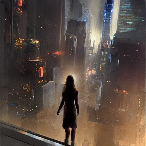 Image similar to “ a girl standing on a ledge looking down at a futuristic new york city below, ghostpunk, storm clouds, very detailed, by craig mullins ”