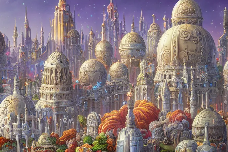 Image similar to Detailed render of Fantasy City built from White Domes by Michael Whelan and Benjamin Lacombe and Megan Duncanson, super details, colorful, ornate background, intricate details