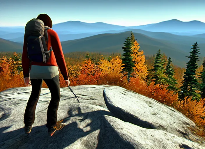 Image similar to friends hiking franconia ridge new hampshire in autumn, life is strange ps 3 gameplay ( 2 0 1 5 ), unreal engine