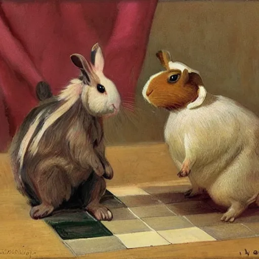 Prompt: a rabbit and a guinea pig playing chess, in the style of ilya repin