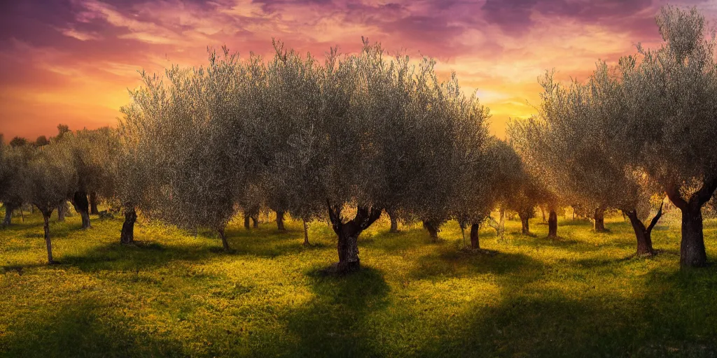 Prompt: flourishing blooming garden full of olive trees in italy, painting, matte painting, canvas, 4 k, 8 k, high detail, golden hour, sunset, epic light, shadows, contrast,