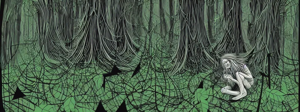 Image similar to a grunge technogaianist long-haired blonde digital musician playing modular synthesizer in the forest, technology and nature swirling in harmony, plugging vines into the synthesizer, trees swaying to the beat, postmodern surrealist concert poster, grainy, hand drawn matte painting by Tara McPherson and Gary Houston, smooth, sharp focus, extremely detailed, 50mm.