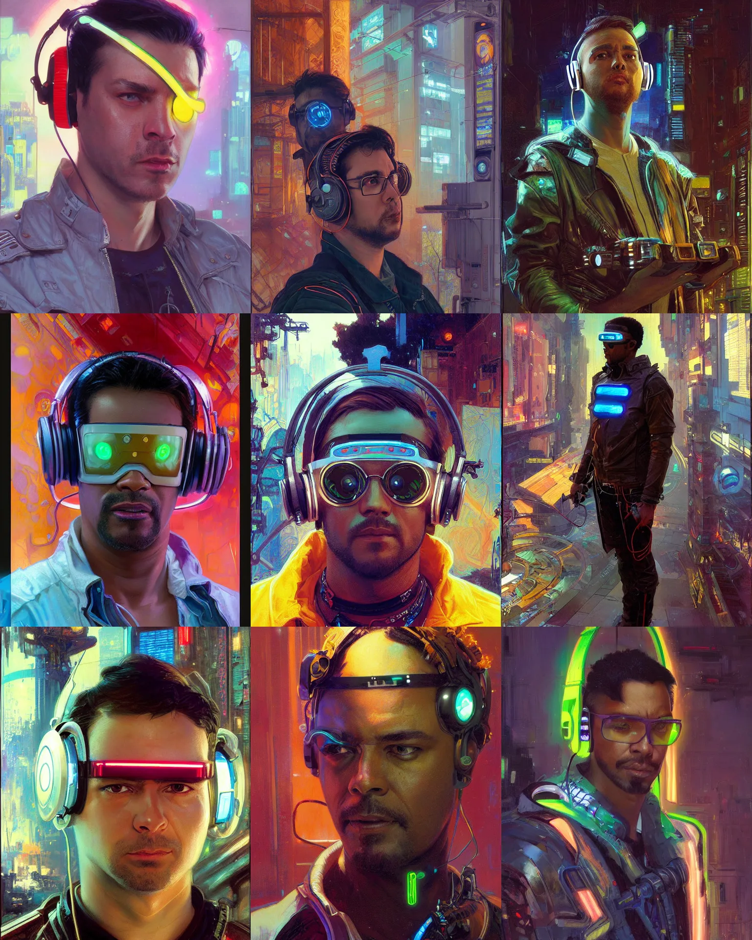 Prompt: digital neon cyberpunk male with geordi eye visor and headphones portrait painting by donato giancola, ismail inceoglu, john berkey, j. c. leyendecker, alphonse mucha