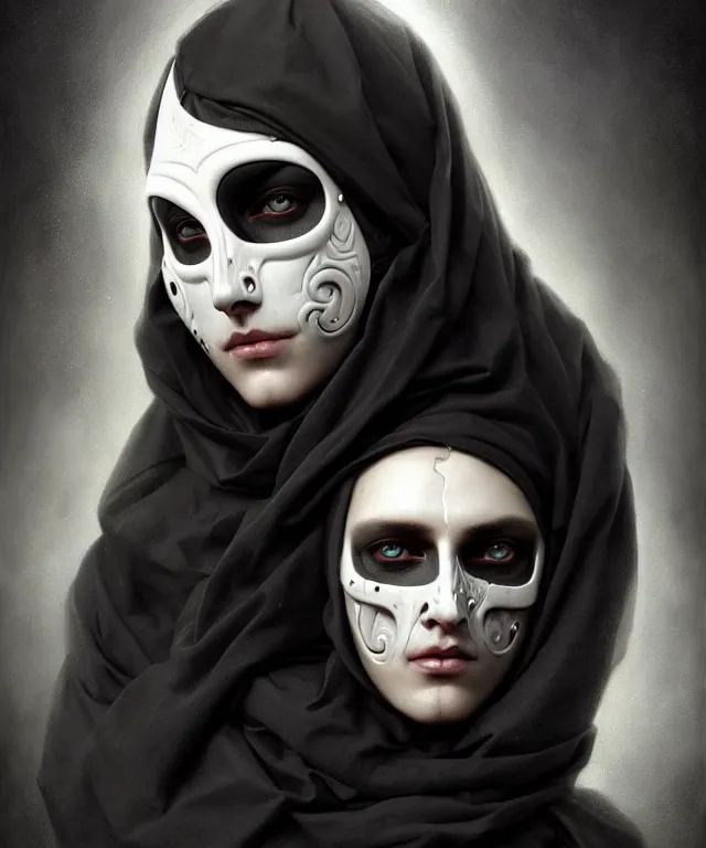 Image similar to white man with black fabric mask, short dark hair, highly detailed face!!!, true anatomy!, extremely detailed!, digital painting, unreal engine 5, art by tom bagshaw