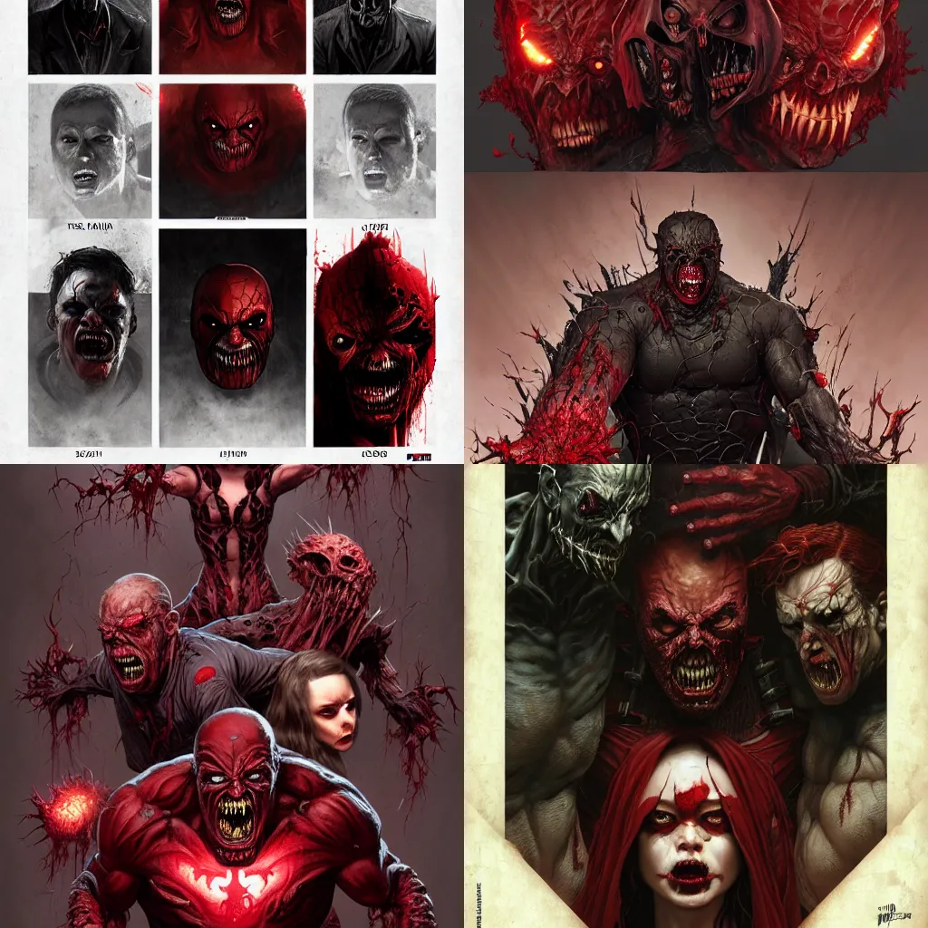 Prompt: evil terrifying carnage from Marvel comics:: middle shot:: scary, horror:: realistic character concept:: prison:: comic book, artstation, cinematic lighting, hyperdetailed, cgsociety, 8k, high resolution:: Tom Bagshaw, Joshua Middleton, Rafeal Albuquerque comic:: insanely detailed and intricate