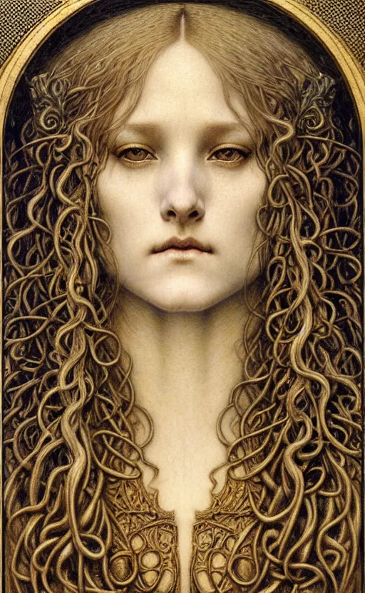 Image similar to detailed realistic beautiful young medieval queen face portrait by jean delville, gustave dore and marco mazzoni, art nouveau, symbolist, visionary, gothic, pre - raphaelite. horizontal symmetry