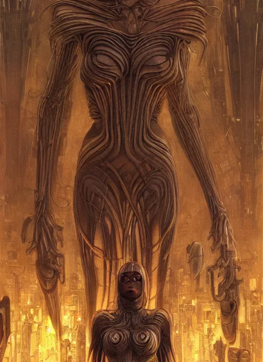 Image similar to Wanda Maximoff, dynamic pose, standing in a h.r. giger city, glowing, wires everywhere, by Edgar Maxence and Ross Tran, Zdzisław Beksiński, and Michael Whelan, distant, gustav dore, H.R. Giger, 8k, octane render