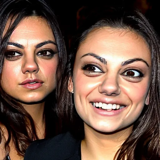 Image similar to Selfie photograph of Mila Kunis and Mila Kunis, golden hour, 8k,