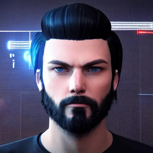 Image similar to « portrait, attractive, blue eyes, black hair, middle length hair, ghost in the shell, front view, unreal engine 5 »