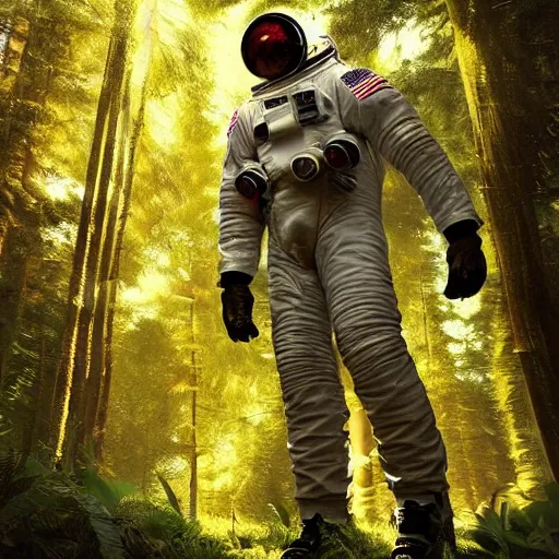 Image similar to american astronaut in the forest, plants environment, wide angle, cinematic lighting, atmospheric, realistic, octane render, highly detailed, in the style of craig mullins