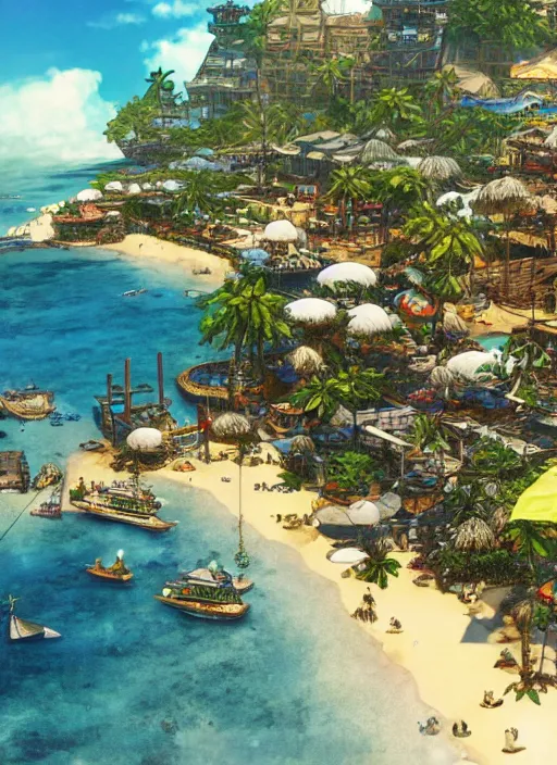 Prompt: Fantasy tropical port town first-person view of the beach. hidari, color page, tankoban, 4K, tone mapping, Akihiko Yoshida.