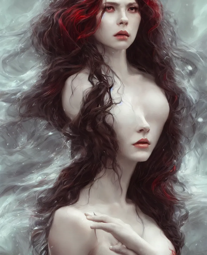 Prompt: a portrait of a ice queen with long dark curly hair and red eyes, stoic, pale skin, alone dramatic, epic painting, painted by artgerm and wlop, cgsociety, beautiful, artbreeder, artstation, octane render, sharpness, 8 k, golden ratio