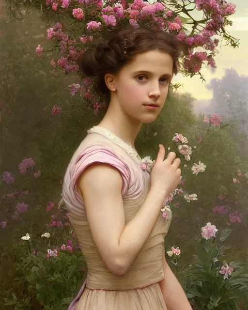 Image similar to a portrait painting of a shy, blushing 1 6 - year old alicia vikander or millie bobby brown as a ballerina in her flower garden with lanterns, intricate, elegant, highly detailed, artstation, concept art, by krenz cushart and donato giancola and william adolph bouguereau and alphonse mucha