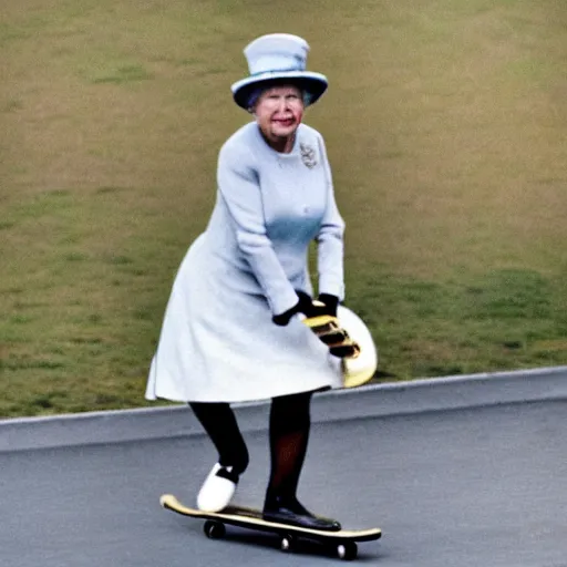 Image similar to queen elizabeth riding a skateboard