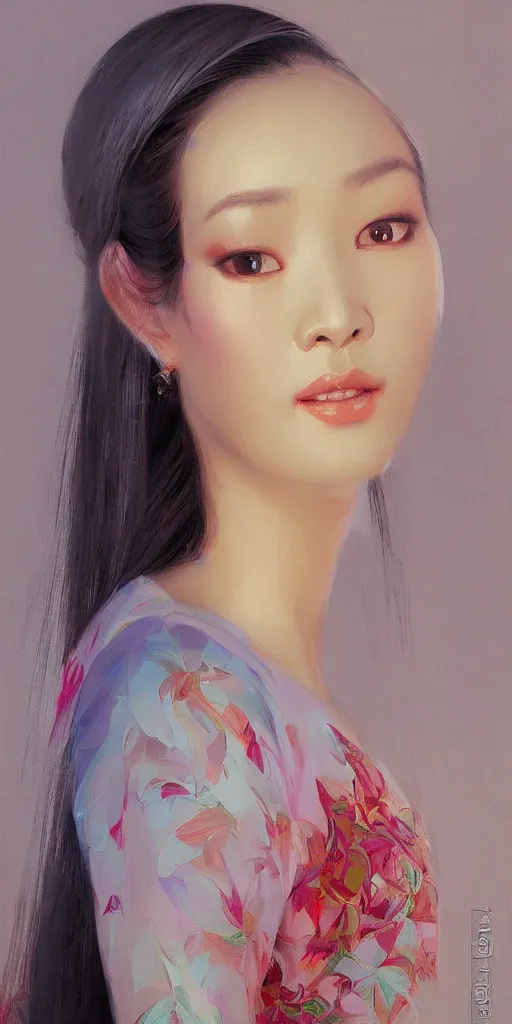 Image similar to yanjun cheng portrait of a beautiful vietnamese woman wearing vietnamese ao dai, intricate, detailed, symmetric face, by wlop and karol bak